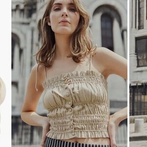 Eddy Elegant Cream Smocked tue shoulder Crop Top M